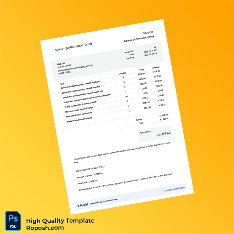 UK Aureum Performance Racing Invoice Template in Word and PDF formats 2 page UK Aureum Performance Racing Invoice Template in Word and PDF formats 2 page