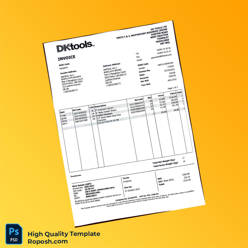 UK DK Tools Ltd Invoice Template in Word and PDF formats UK DK Tools Ltd Invoice Template in Word and PDF formats