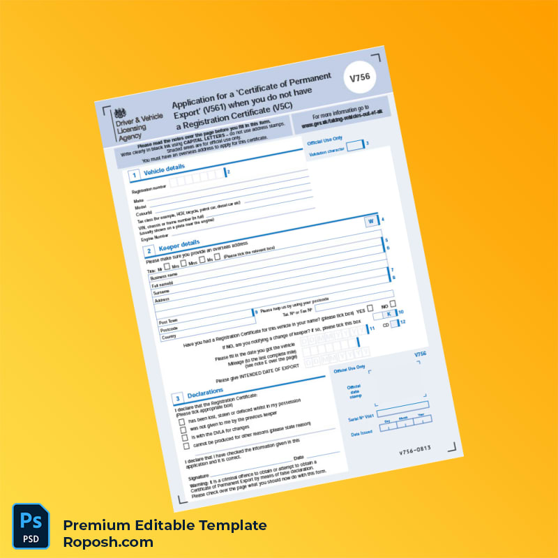 Customizable UK DVLA Certificate of Permanent Export Application Form V561 Editable Word & PDF Template 2 page Customizable UK DVLA Certificate of Permanent Export Application Form V561 Editable Word & PDF Template 2 page