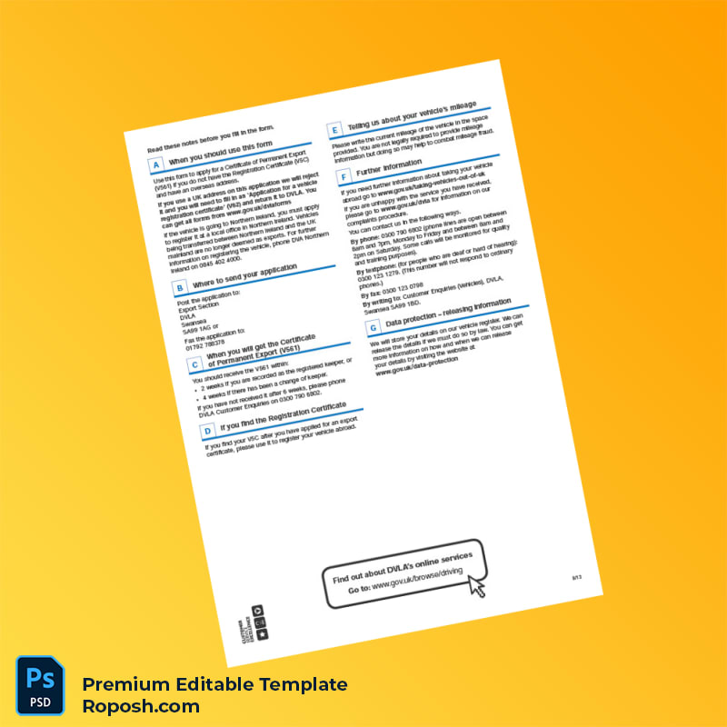 Customizable UK DVLA Certificate of Permanent Export Application Form V561 Editable Word & PDF Template 2 page Customizable UK DVLA Certificate of Permanent Export Application Form V561 Editable Word & PDF Template 2 page