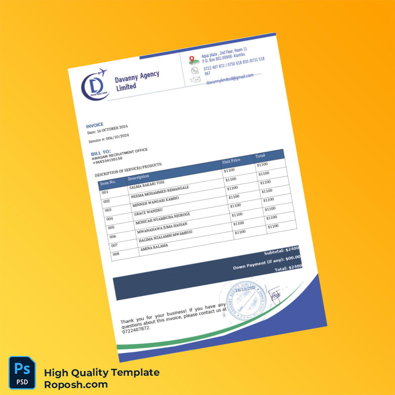UK Davanny Agency Limited Invoice Template in Word and PDF formats UK Davanny Agency Limited Invoice Template in Word and PDF formats