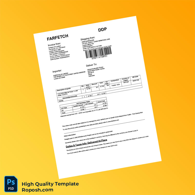 UK Farfetch Invoice Template in Word and PDF formats UK Farfetch Invoice Template in Word and PDF formats