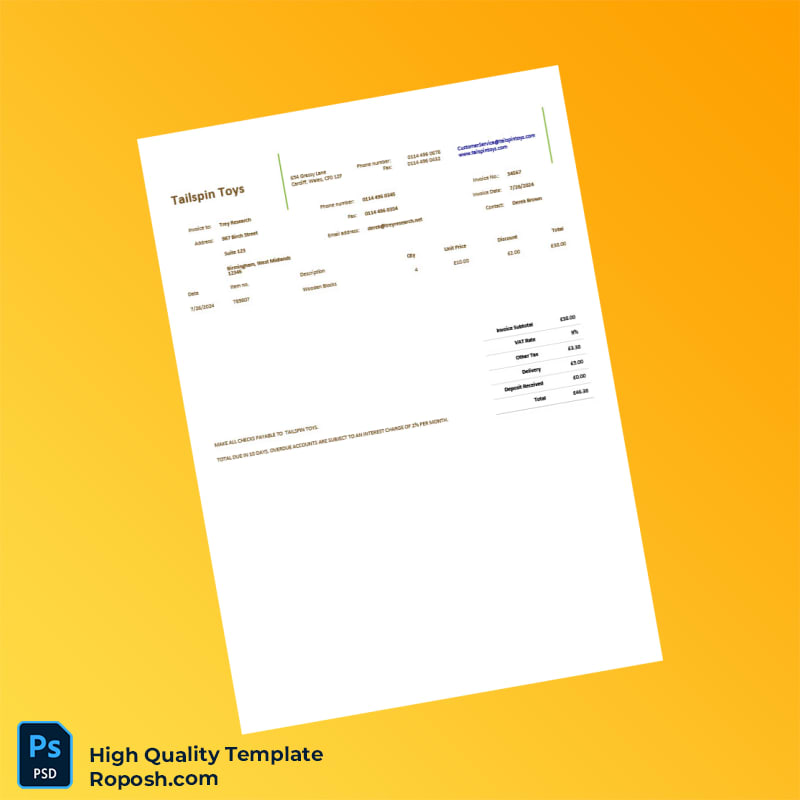 UK Tailspin Toys Commercial Invoice Template in Word and PDF formats 2 page UK Tailspin Toys Commercial Invoice Template in Word and PDF formats 2 page