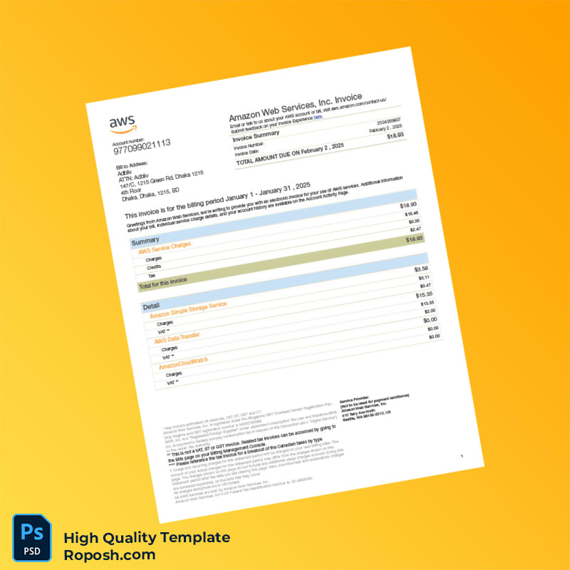 USA Amazon Web Services Invoice Template in Word and PDF formats USA Amazon Web Services Invoice Template in Word and PDF formats