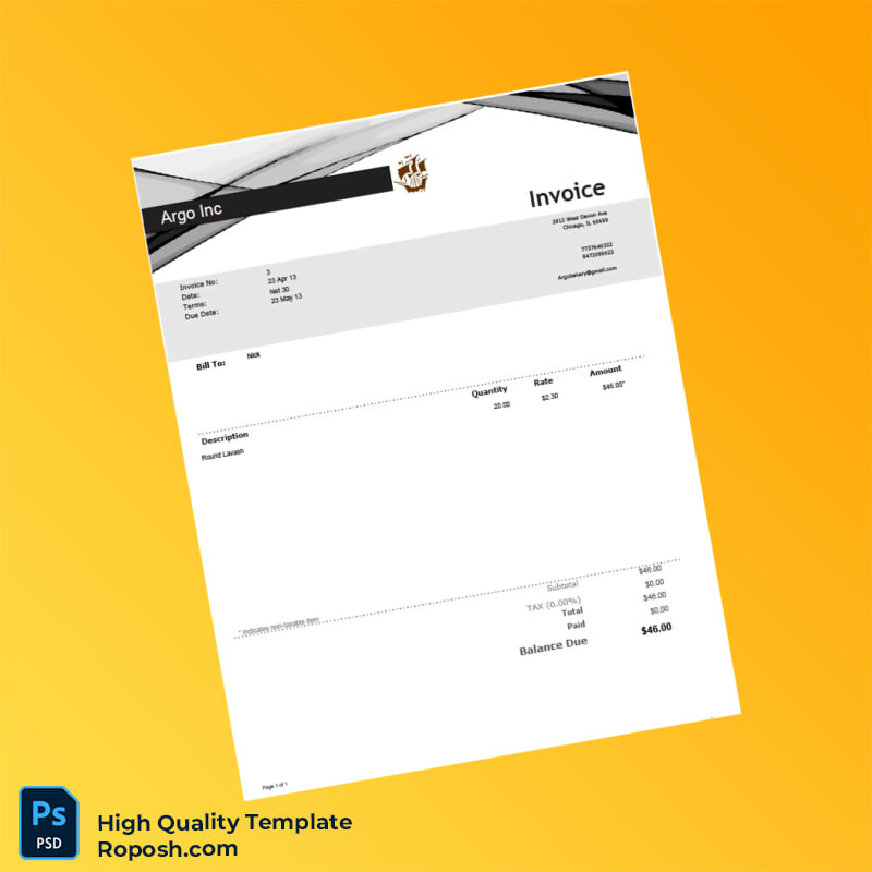 USA Argo Bakery Invoice Template in Word and PDF formats USA Argo Bakery Invoice Template in Word and PDF formats