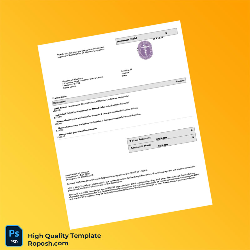 USA Association of Women Surgeons Invoice Template in Word and PDF formats USA Association of Women Surgeons Invoice Template in Word and PDF formats