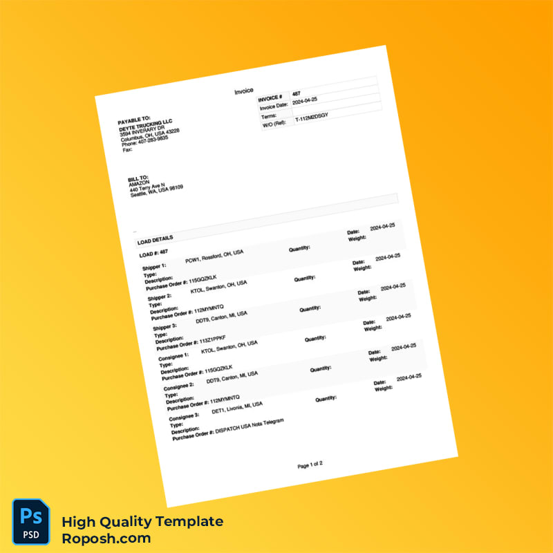 USA Deyte Trucking LLC Invoice Template in Word and PDF formats 2 page USA Deyte Trucking LLC Invoice Template in Word and PDF formats 2 page