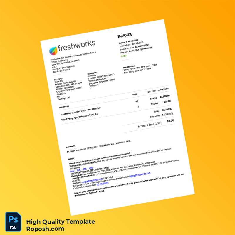 USA Freshworks Inc Invoice Template in Word and PDF formats USA Freshworks Inc Invoice Template in Word and PDF formats