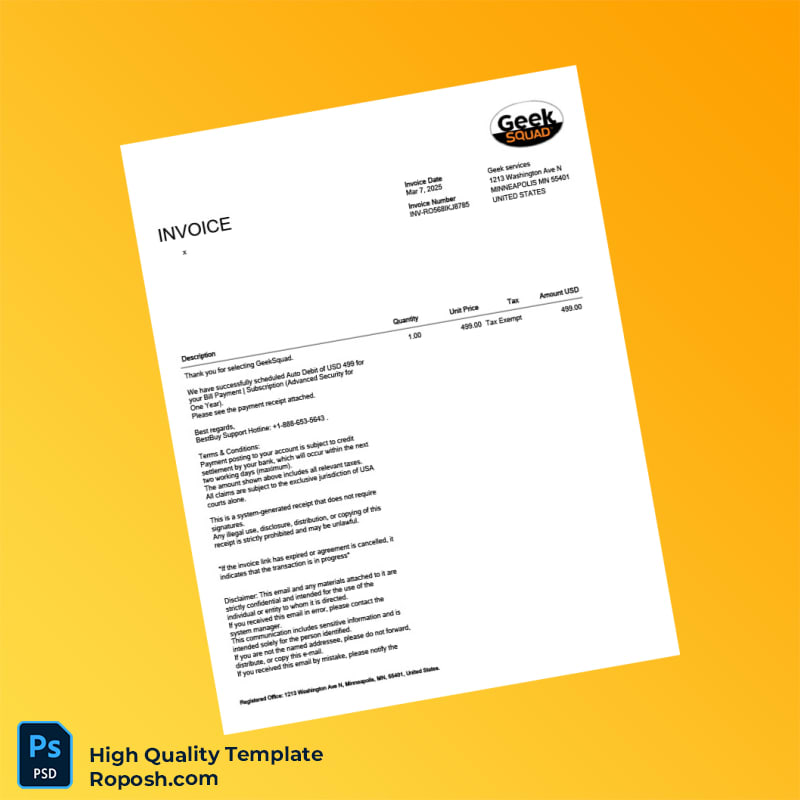 USA GeekSquad Invoice Template in Word and PDF formats 2 page USA GeekSquad Invoice Template in Word and PDF formats 2 page