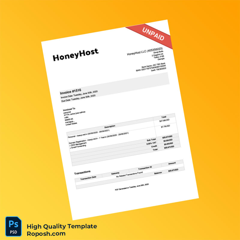 USA HoneyHost LLC Invoice Template in Word and PDF formats USA HoneyHost LLC Invoice Template in Word and PDF formats