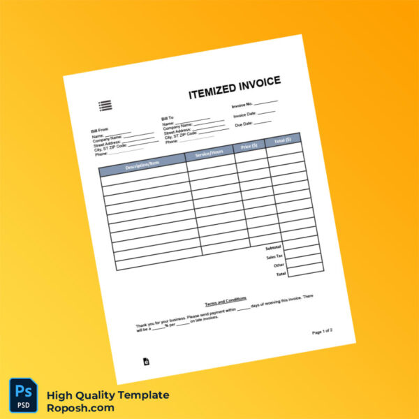 USA Itemized Invoice Template in Word and PDF formats 2 page | roposh