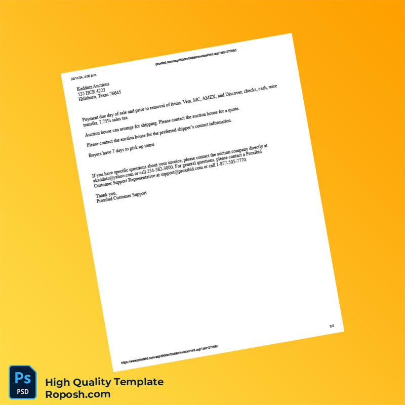 USA Kaddatz Auctions Invoice Template in Word and PDF formats 2 page USA Kaddatz Auctions Invoice Template in Word and PDF formats 2 page