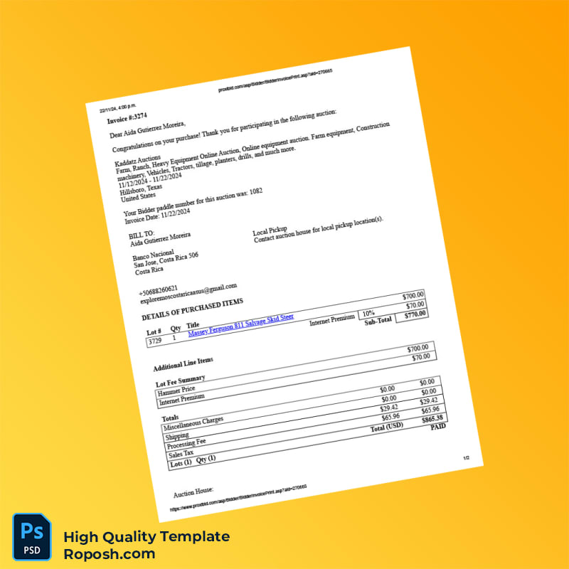 USA Kaddatz Auctions Invoice Template in Word and PDF formats 2 page USA Kaddatz Auctions Invoice Template in Word and PDF formats 2 page