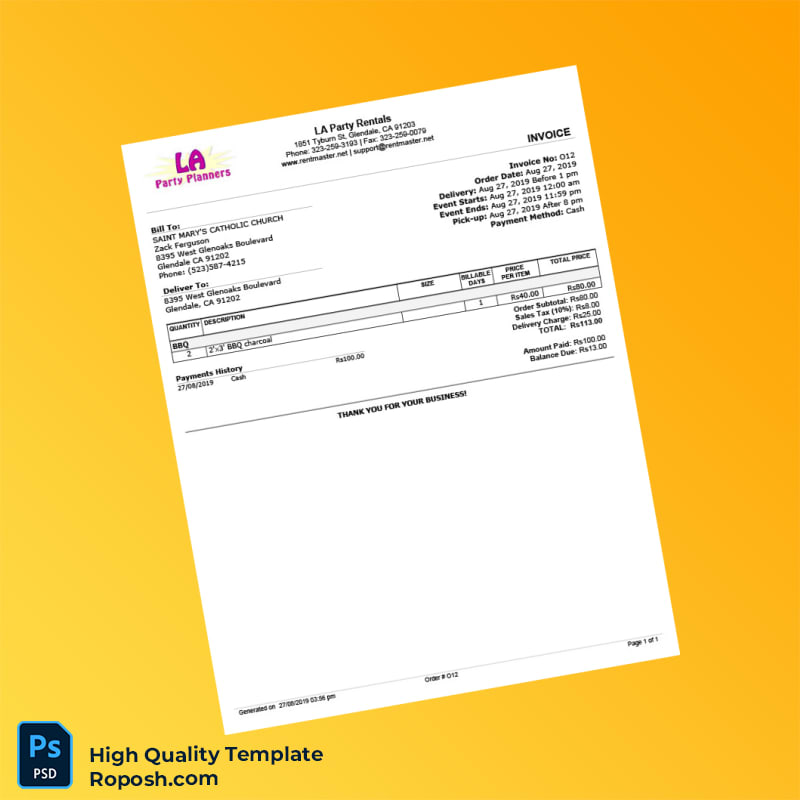 USA LA Party Rentals Invoice Template in Word and PDF formats USA LA Party Rentals Invoice Template in Word and PDF formats