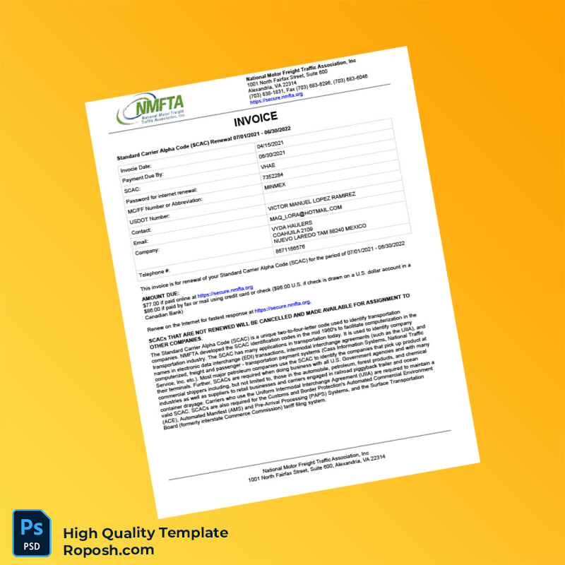 USA National Motor Freight Traffic Association Invoice Template in Word and PDF formats 2 page USA National Motor Freight Traffic Association Invoice Template in Word and PDF formats 2 page