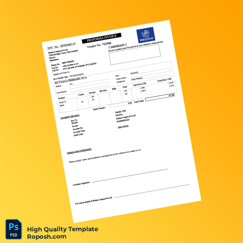 USA Redan Coupon Pvt Ltd Proforma Invoice Template in Word and PDF formats 2 page USA Redan Coupon Pvt Ltd Proforma Invoice Template in Word and PDF formats 2 page