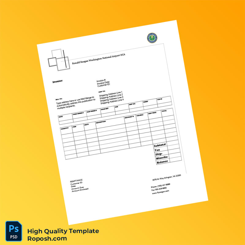 USA Ronald Reagan Washington National Airport Invoice Template in Word and PDF formats USA Ronald Reagan Washington National Airport Invoice Template in Word and PDF formats