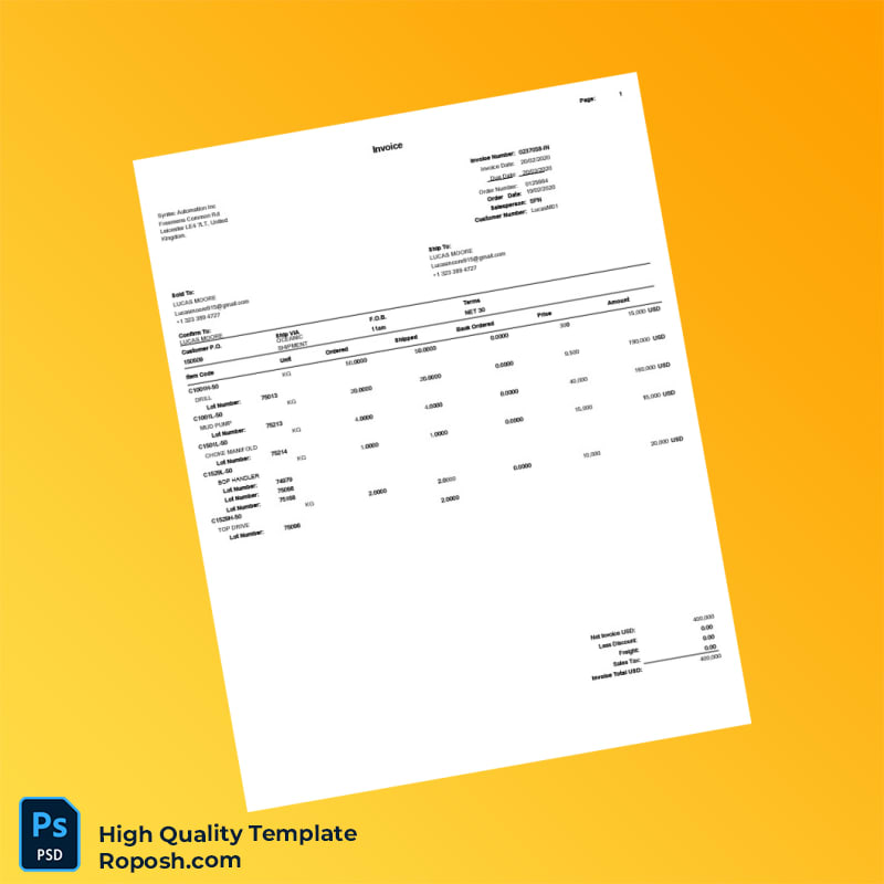 USA Syntec Automation Inc Invoice Template in Word and PDF formats USA Syntec Automation Inc Invoice Template in Word and PDF formats