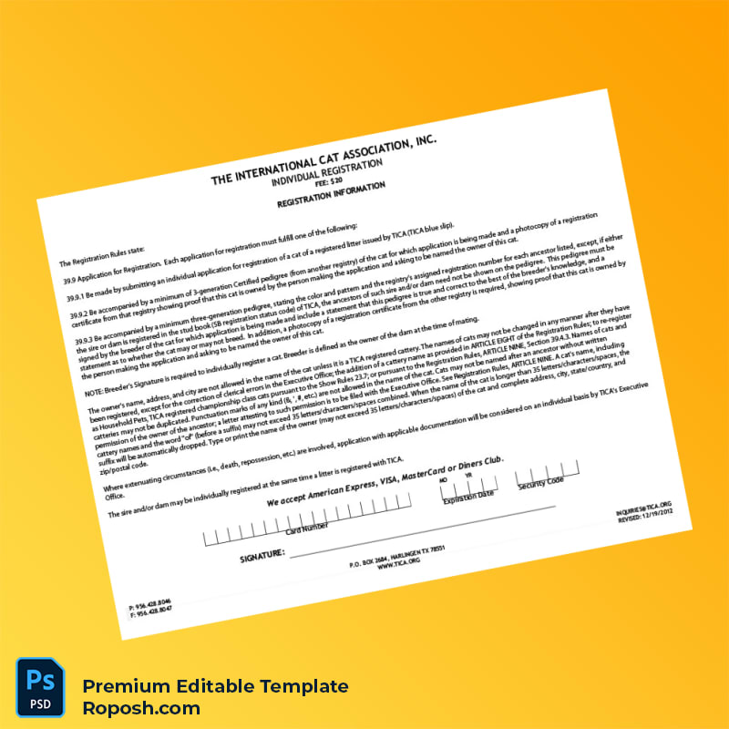 Customizable USA TICA Individual Registration Certificate Editable Word & PDF Template 2 page Customizable USA TICA Individual Registration Certificate Editable Word & PDF Template 2 page