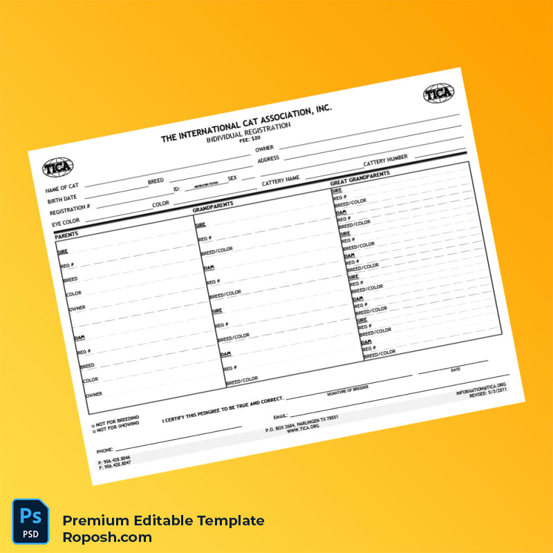 Customizable USA TICA Individual Registration Certificate Editable Word & PDF Template 2 page Customizable USA TICA Individual Registration Certificate Editable Word & PDF Template 2 page