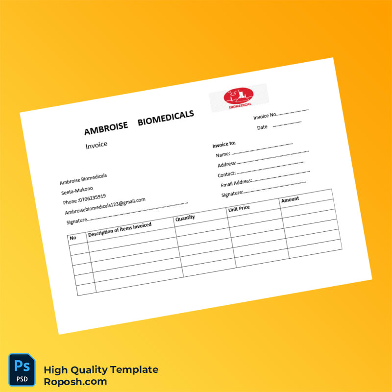 Uganda Ambroise Biomedicals Invoice Template in Word and PDF formats 2 page Uganda Ambroise Biomedicals Invoice Template in Word and PDF formats 2 page