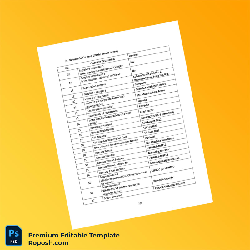 Customizable Uganda CNOOC Business Registration Certificate Editable Word & PDF Template 4 page Customizable Uganda CNOOC Business Registration Certificate Editable Word & PDF Template 4 page