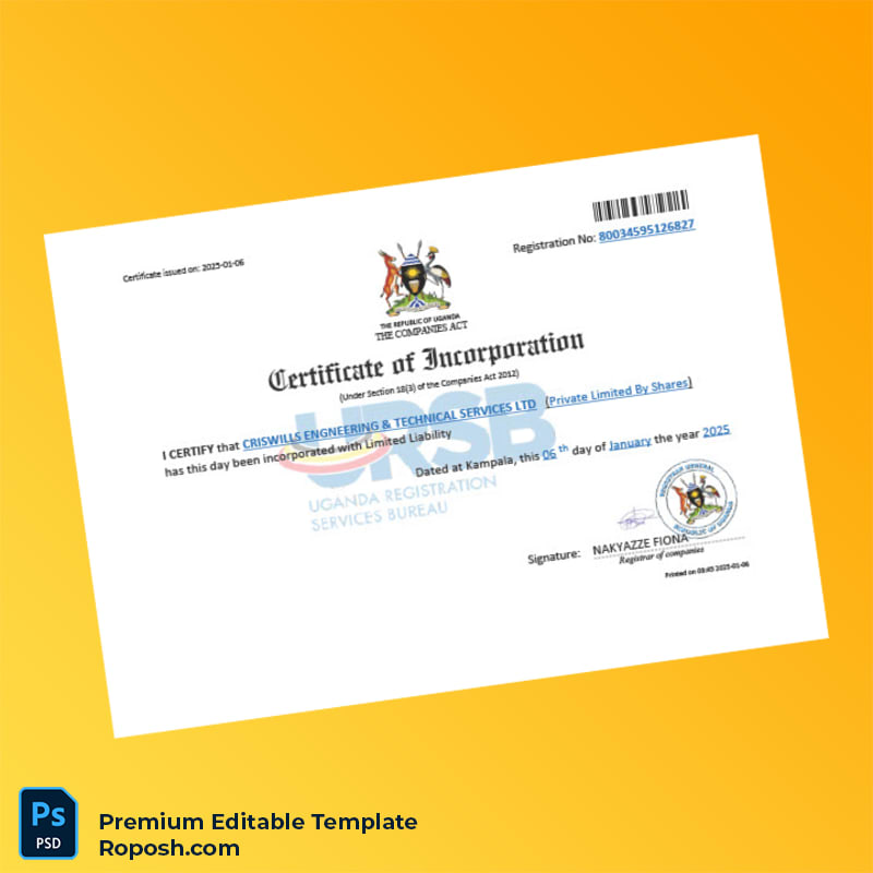 Uganda Companies Registration Certificate Editable Word & PDF Template Uganda Companies Registration Certificate Editable Word & PDF Template