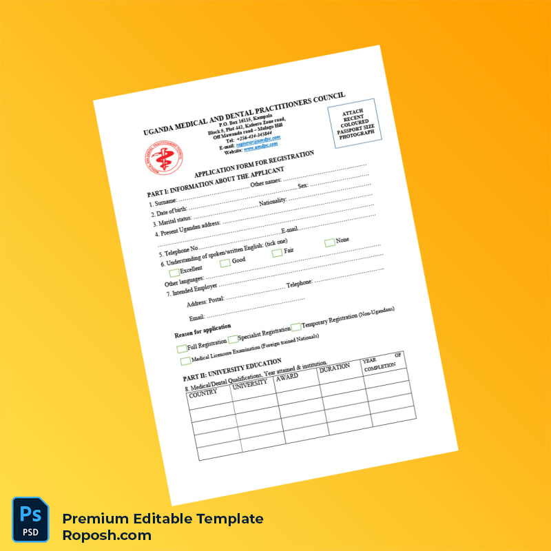 Customizable Uganda Medical and Dental Practitioners Council Registration Form Editable Word & PDF Template 3 page Customizable Uganda Medical and Dental Practitioners Council Registration Form Editable Word & PDF Template 3 page