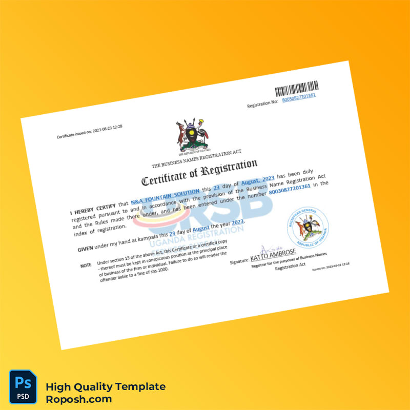 Uganda Registrar of Businesses Business Name Registration Certificate Template in Word and PDF formats Uganda Registrar of Businesses Business Name Registration Certificate Template in Word and PDF formats
