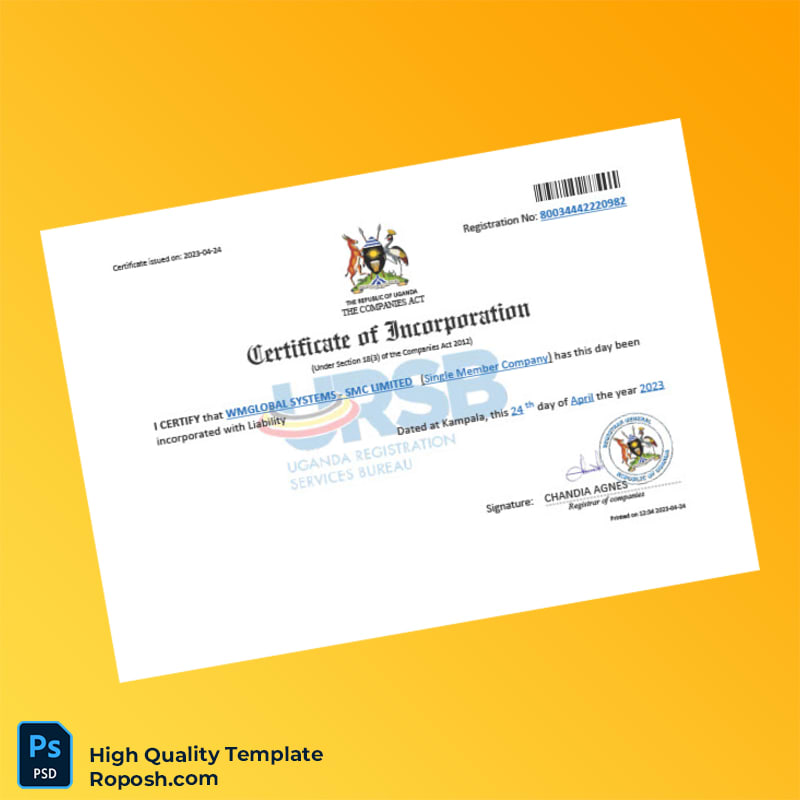 Uganda Registrar of Companies Certificate of Incorporation Template in Word and PDF formats Uganda Registrar of Companies Certificate of Incorporation Template in Word and PDF formats