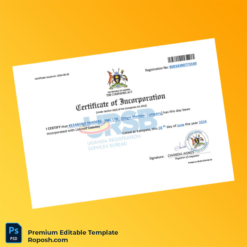 Uganda Uganda Registration Services Bureau Certificate of Incorporation Editable Word & PDF Template Uganda Uganda Registration Services Bureau Certificate of Incorporation Editable Word & PDF Template