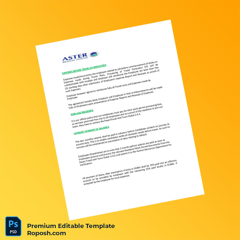 Customizable United Arab Emirates Aster Medical Centre Employment Verification Letter Word & PDF Template 7 page Customizable United Arab Emirates Aster Medical Centre Employment Verification Letter Word & PDF Template 7 page