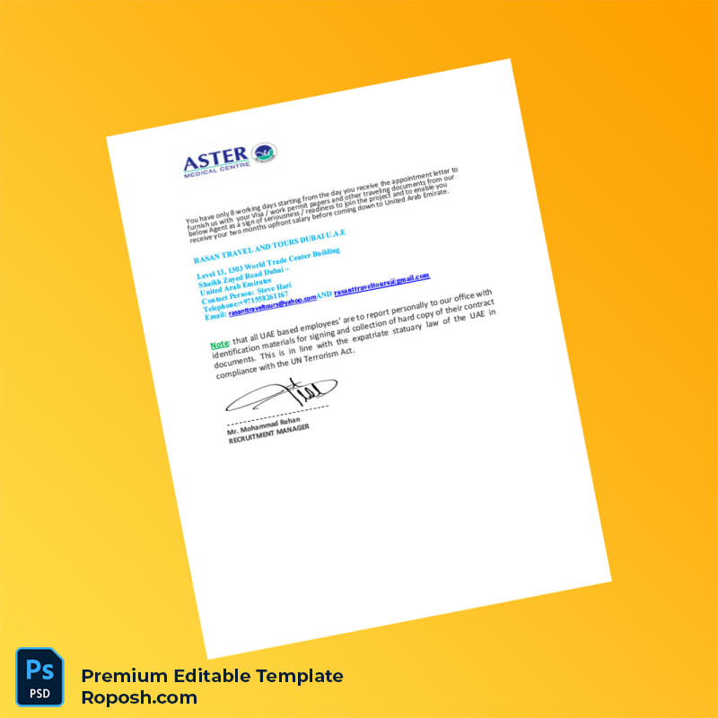 Customizable United Arab Emirates Aster Medical Centre Employment Verification Letter Word & PDF Template 7 page Customizable United Arab Emirates Aster Medical Centre Employment Verification Letter Word & PDF Template 7 page