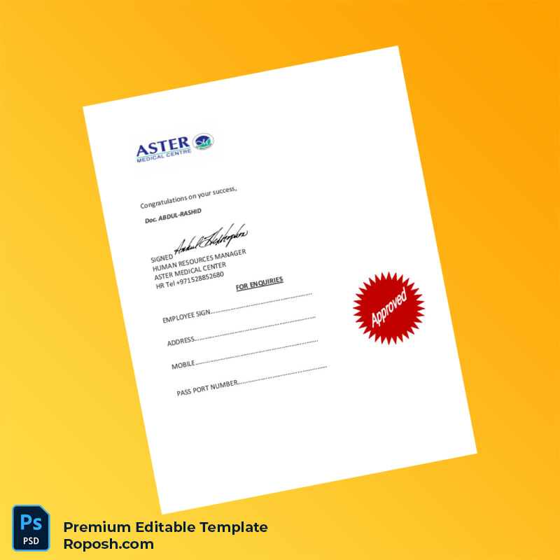 Customizable United Arab Emirates Aster Medical Centre Employment Verification Letter Word & PDF Template 7 page Customizable United Arab Emirates Aster Medical Centre Employment Verification Letter Word & PDF Template 7 page