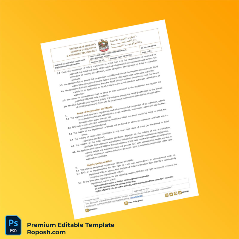 Customizable United Arab Emirates National Accreditation Department Halal Certification Terms and Conditions Document Template in Word and PD 4 page Customizable United Arab Emirates National Accreditation Department Halal Certification Terms and Conditions Document Template in Word and PD 4 page