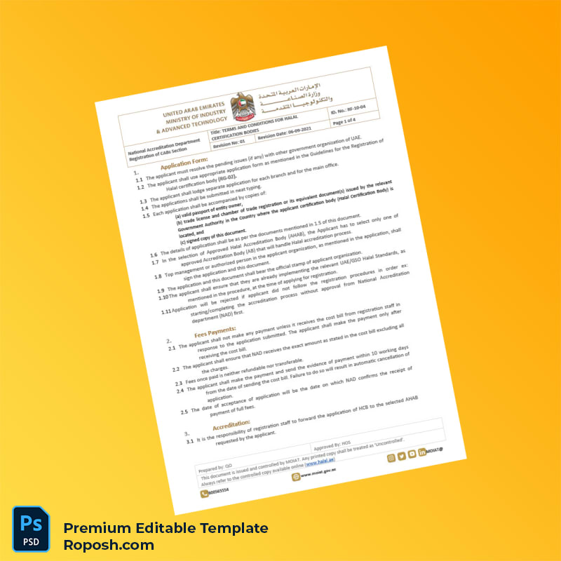 Customizable United Arab Emirates National Accreditation Department Halal Certification Terms and Conditions Document Template in Word and PD 4 page Customizable United Arab Emirates National Accreditation Department Halal Certification Terms and Conditions Document Template in Word and PD 4 page