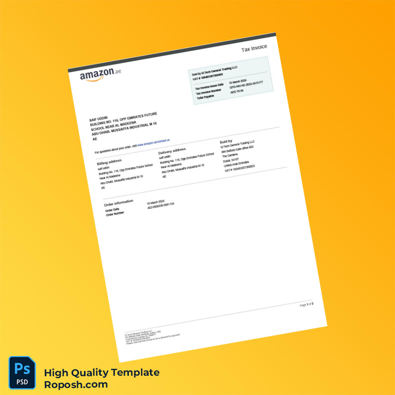 United Arab Emirates Q-Tech General Trading LLC Tax Invoice Template in Word and PDF formats 2 page United Arab Emirates Q-Tech General Trading LLC Tax Invoice Template in Word and PDF formats 2 page
