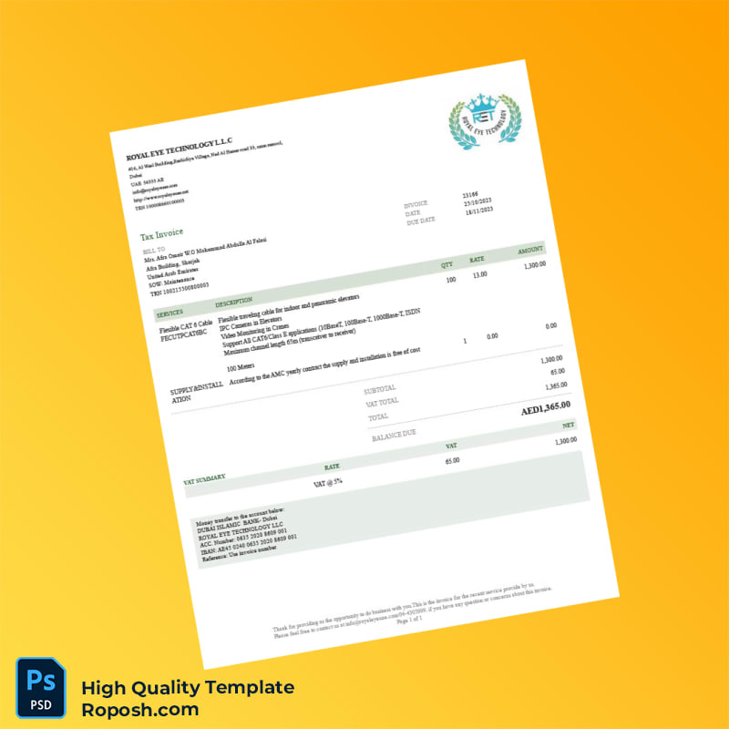 United Arab Emirates Royal Eye Technology LLC Invoice Template in Word and PDF formats United Arab Emirates Royal Eye Technology LLC Invoice Template in Word and PDF formats