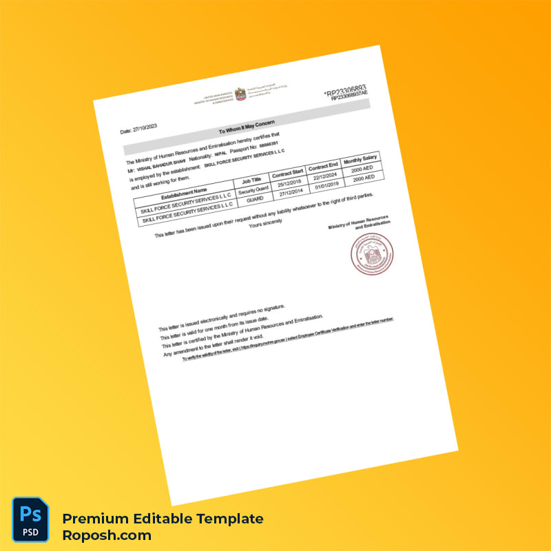 Customizable United Arab Emirates Skill Force Security Services LLC Employment Verification Letter Word & PDF Template Customizable United Arab Emirates Skill Force Security Services LLC Employment Verification Letter Word & PDF Template