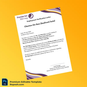 Customizable United Kingdom Clacton-On-Sea Seafront Hotel Employment Verification Letter Word & PDF Template