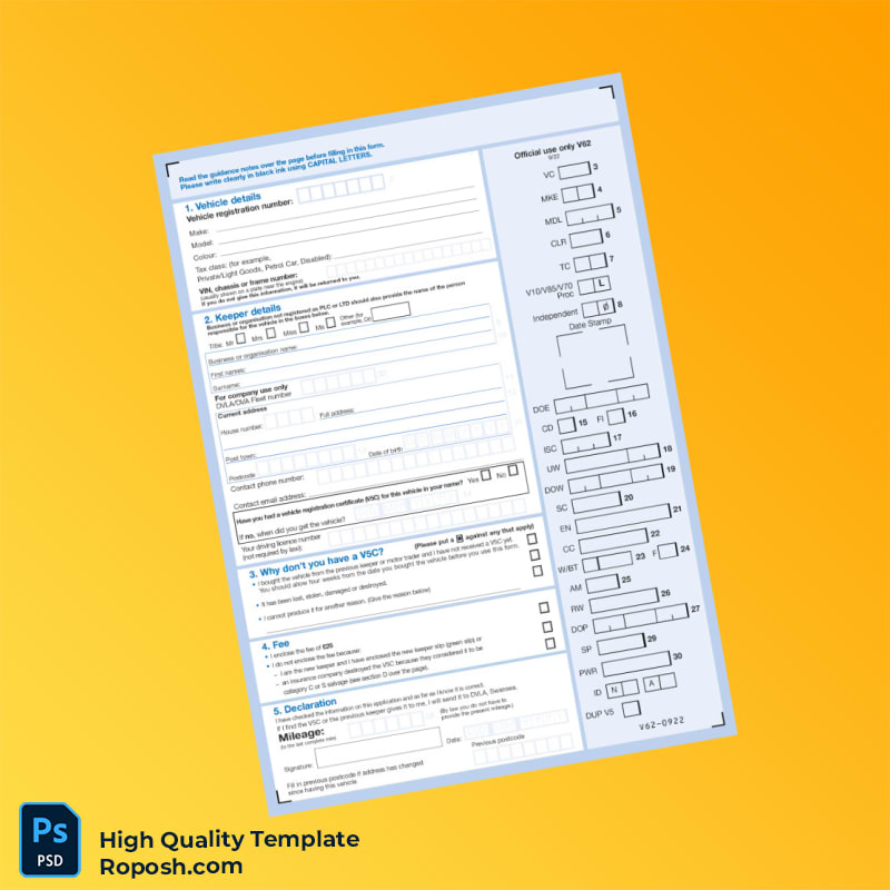 United Kingdom DVLA Registration Certificate Template in Word and PDF formats 2 page United Kingdom DVLA Registration Certificate Template in Word and PDF formats 2 page