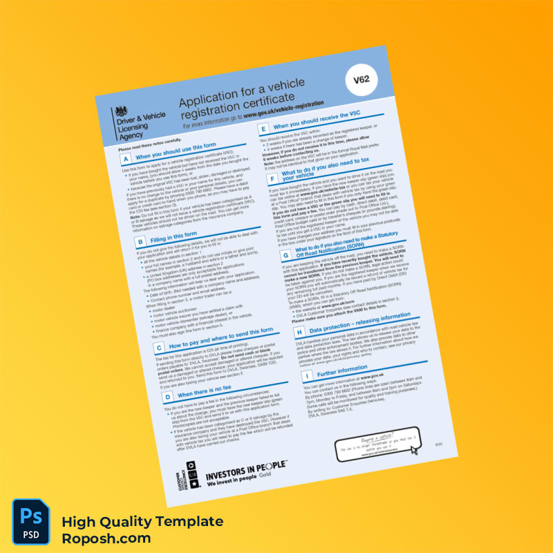 United Kingdom DVLA Registration Certificate Template in Word and PDF formats 2 page United Kingdom DVLA Registration Certificate Template in Word and PDF formats 2 page