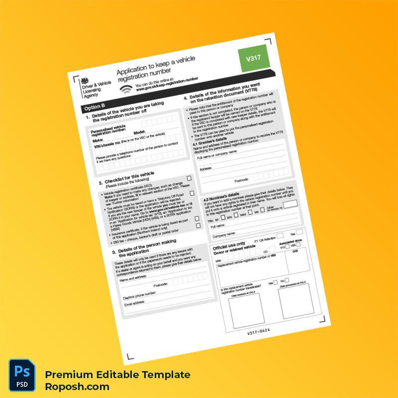 Customizable United Kingdom DVLA Vehicle Registration Number Transfer Application Form Editable Word & PDF Template 4 page Customizable United Kingdom DVLA Vehicle Registration Number Transfer Application Form Editable Word & PDF Template 4 page