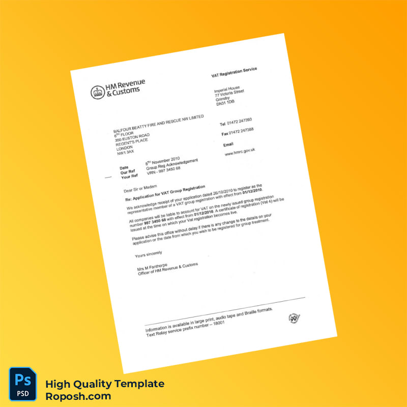 United Kingdom HM Revenue Customs VAT Registration Certificate Template in Word and PDF formats 3 page United Kingdom HM Revenue Customs VAT Registration Certificate Template in Word and PDF formats 3 page