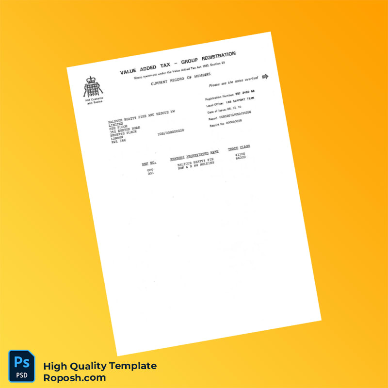 United Kingdom HM Revenue Customs VAT Registration Certificate Template in Word and PDF formats 3 page United Kingdom HM Revenue Customs VAT Registration Certificate Template in Word and PDF formats 3 page
