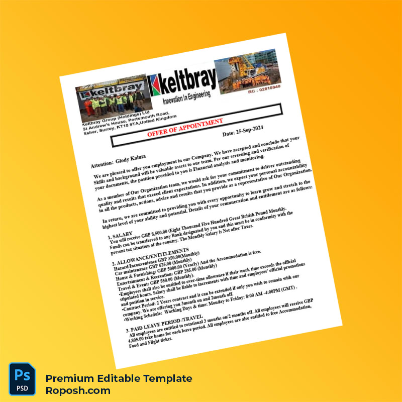 Customizable United Kingdom Keltbray Employment Verification Letter Word & PDF Template 2 page Customizable United Kingdom Keltbray Employment Verification Letter Word & PDF Template 2 page