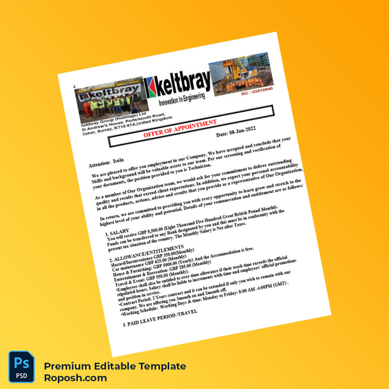 Customizable United Kingdom Keltbray Group Appointment Confirmation Letter Word & PDF Template 2 page Customizable United Kingdom Keltbray Group Appointment Confirmation Letter Word & PDF Template 2 page