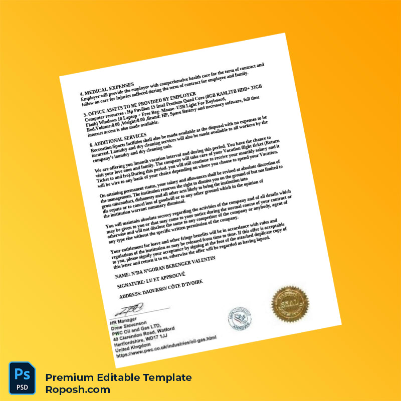 Customizable United Kingdom PWC Oil and Gas Ltd Employment Verification Letter Word & PDF Template 2 page Customizable United Kingdom PWC Oil and Gas Ltd Employment Verification Letter Word & PDF Template 2 page