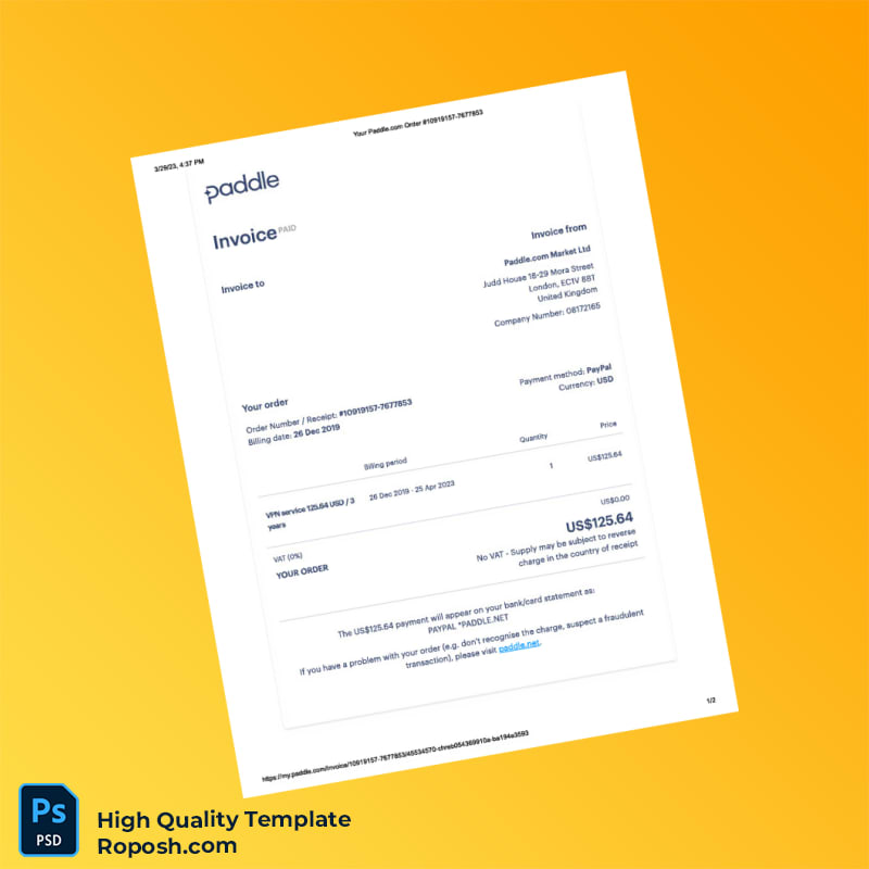 United Kingdom Paddle com Market Ltd Invoice Template in Word and PDF formats 2 page United Kingdom Paddle com Market Ltd Invoice Template in Word and PDF formats 2 page