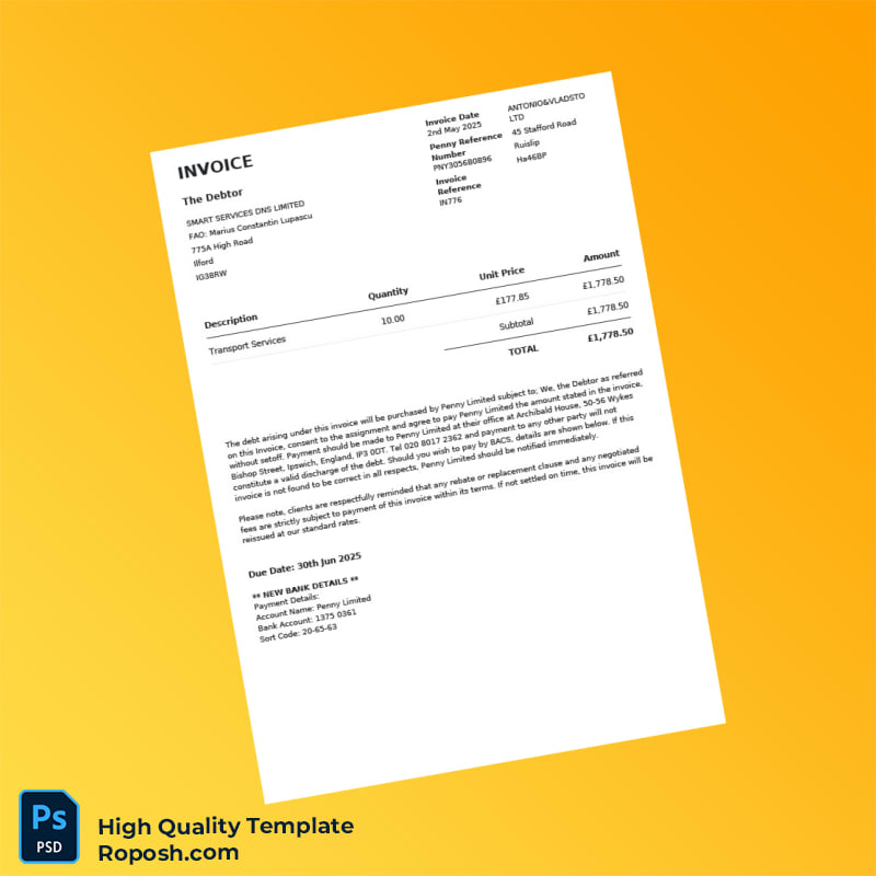 United Kingdom Smart Services DNS Limited Invoice Template in Word and PDF formats United Kingdom Smart Services DNS Limited Invoice Template in Word and PDF formats